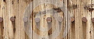 Old Wood Plank Panel With Forged Rusty Iron Nails Texture