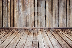 Old wood plank wall texture and brown wooden floors for decoration background or backdrop photo