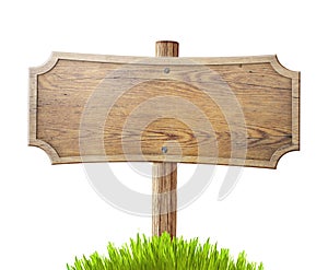 Old wood road sign with grass isolated on white