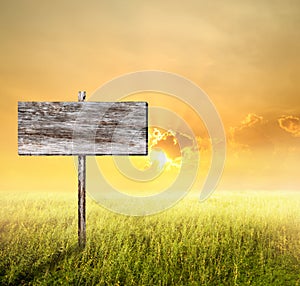 Old Wood sign with slope grass and sunset