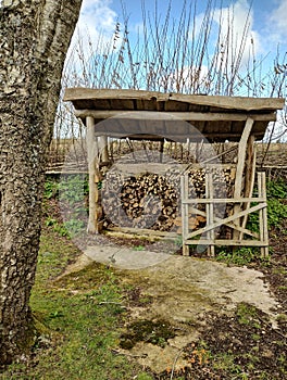 An old wood store filled with small logs and kindling