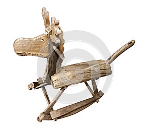 Old wood toys rocking horse chair children fun on white