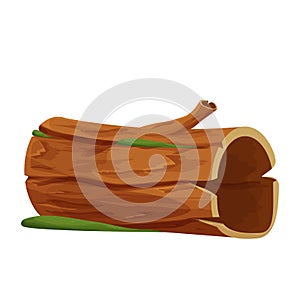 Old wood, tree log, trunk with moss empty in cartoon style isolated on white background. Forest clipart, old and broken