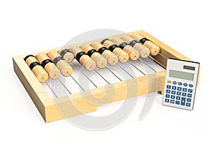 Old wooden abacus and a modern calculator