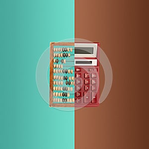 Old wooden abacus and new calculator on colored background.