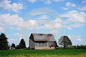 Old wooden abandoned farm barn sits on a farm field outside of fond du Lac, Wisconsin during a blue cloudy day.