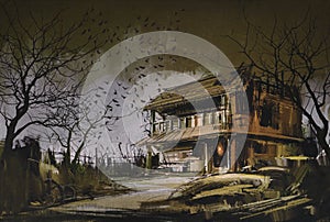Old wooden abandoned house,halloween background