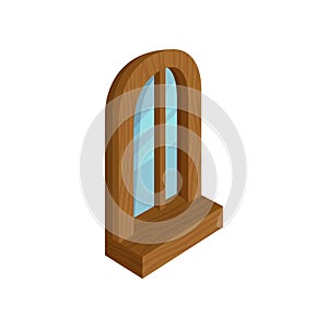 Old wooden arched window with blue glass. Modern 3D style. Isometric vector element for computer or mobile game