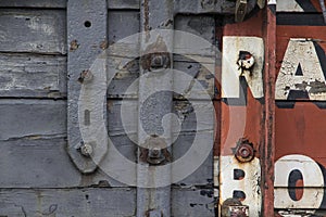 Old wooden background at Bristol Harbour aka Bristol Docks with old train carriages