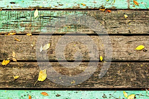 Old wooden background with leaves.