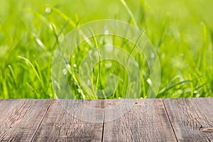 Old wooden background overlooking lush greens