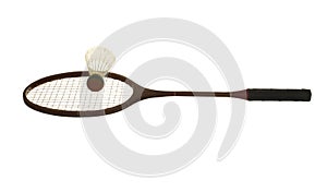 Old wooden badminton racket and shuttlecock isolated on white ba