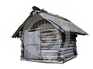 old wooden barn with wooden roof on white background