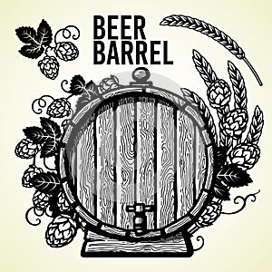 Old wooden barrel of beer with hop branches and ears of barley or wheat. Hand drawn set of elements on white background.
