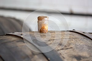 Old wooden barrel with cork. closed wine barrel