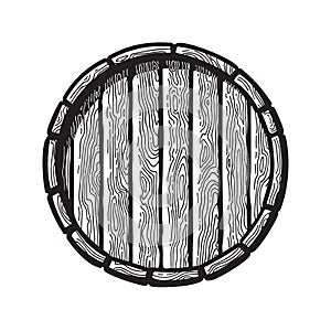 Old wooden barrel in engraving style. Top view of beer, wine, rum whiskey traditional barrel. Vector illustrations.