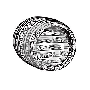 Old wooden barrel lying on its side. Beer, wine, rum whiskey barrel three quarters view. Hand drawn vector illustrations