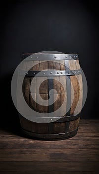 An old wooden barrel with metal bands and a dark backdrop