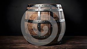 An old wooden barrel with metal bands and a dark backdrop