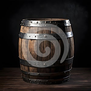 An old wooden barrel with metal bands and a dark backdrop