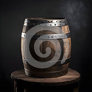 An old wooden barrel with metal bands and a dark backdrop