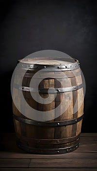 An old wooden barrel with metal bands and a dark backdrop