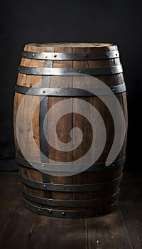 An old wooden barrel with metal bands and a dark backdrop