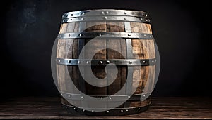 An old wooden barrel with metal bands and a dark backdrop