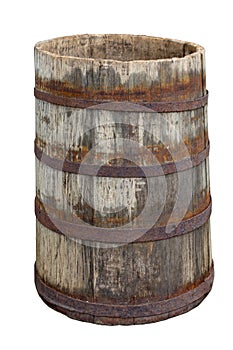 Old wooden barrel with metal rings isolated on white