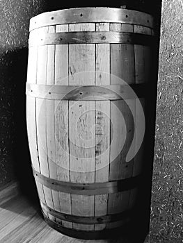 old wooden barrel with metal strips