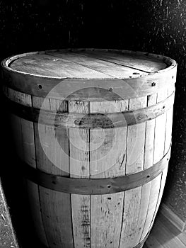 old wooden barrel with metal strips