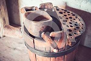 Old wooden barrel and scoop