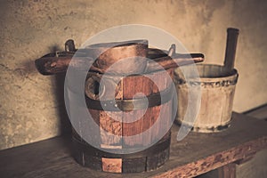 Old wooden barrel and scoop