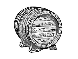 Old wooden barrel on the stand. Hand drawn vector illustrations isolated on white background