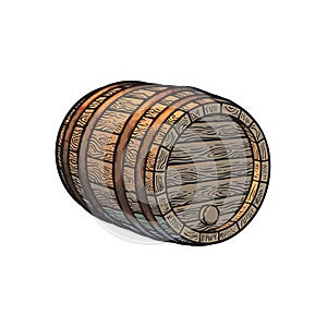 Old wooden barrel with stopper lying on its sideHand drawn vector illustrations