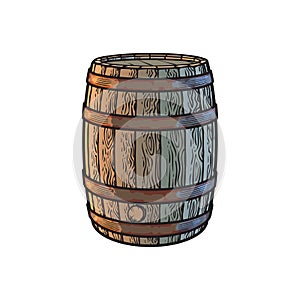 Old wooden barrel with stopper in vintage engraving style. Hand drawn isolated vector illustrations