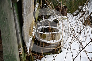 An old wooden barrel, a tank in yard of dilapidated house. Abandoned houses in countryside