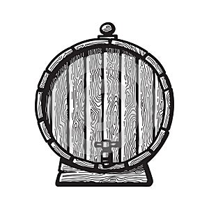 Old wooden barrel with a tap in engraving style. Black and white hand drawn vector illustrations. Front view of beer