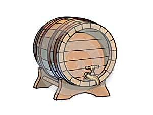 Old wooden barrel with tap on the stand three quarters view. Beer, wine, rum whiskey traditional barrel in cartoon style