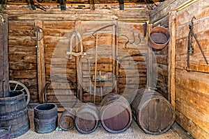 Old wooden barrels in cellar