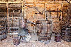 Old wooden barrels in cellar