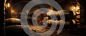 Old wooden barrels in dark wine cellar, panoramic view. Vintage brown oak casks inside storage of winery. Concept of vineyard,