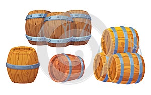 Old wooden barrels with metallic rings