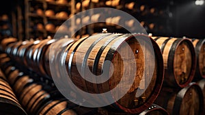 Old wooden barrels stored in dark wine cellar, vintage brown oak casks in storage of winery. Concept of vineyard, viticulture,