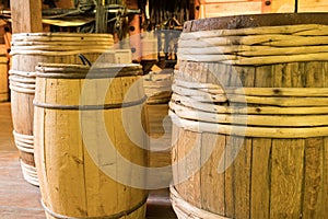 Old Wooden Barrels in Warehouse