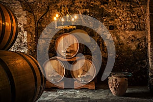 Old Wooden barrels with wine