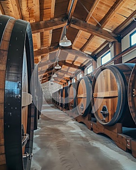 Old wooden Barrels in the wine cellar. Interior of an old distillery