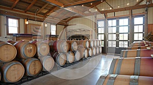 Old wooden Barrels in the wine cellar. Vintage Oak barrels with cognac or wine