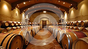 Old wooden Barrels in the wine cellar. Vintage Oak barrels with cognac or wine