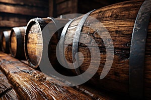 Old wooden barrels in wine cellar of winery, vintage oak casks in storage closeup. Concept of vineyard, viticulture, production,